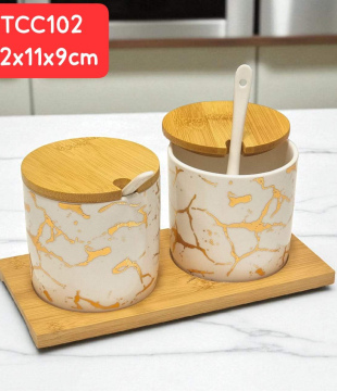 Sugar and Salt Ceramic Conatiner Set with Bamboo Holder nb 2
