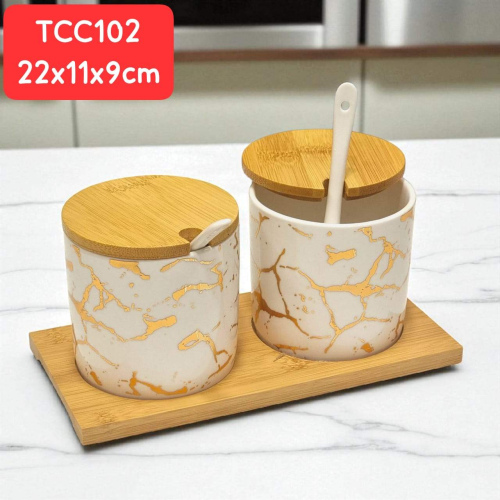 Sugar and Salt Ceramic Conatiner Set with Bamboo Holder nb 2