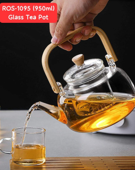  Glass Tea Pot With Filter and Wooden Handle.