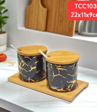 Sugar and Salt Ceramic Conatiner Set with Bamboo Holder