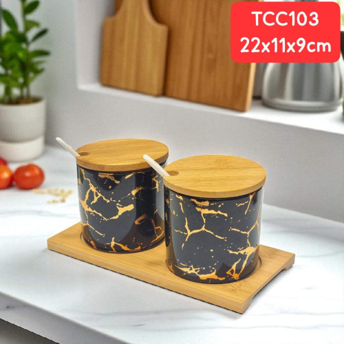 Sugar and Salt Ceramic Conatiner Set with Bamboo Holder