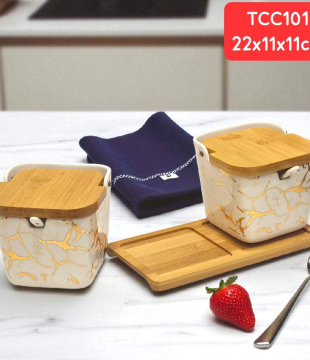 Sugar and Salt Ceramic Conatiner Set with Bamboo Holder. nb 3