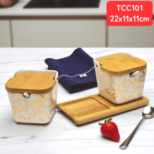 Sugar and Salt Ceramic Conatiner Set with Bamboo Holder. nb 3
